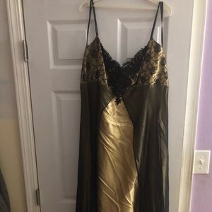 Gold satin and black chiffon formal dress.